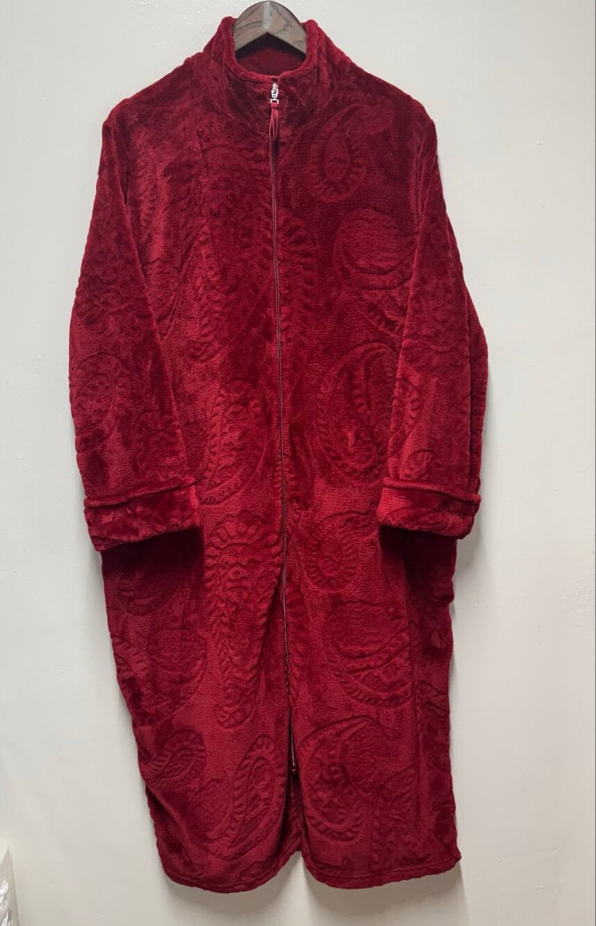Oscar de la Renta Womens XL Red Plush Velour Paisley Robe Zip Luxury Lounge